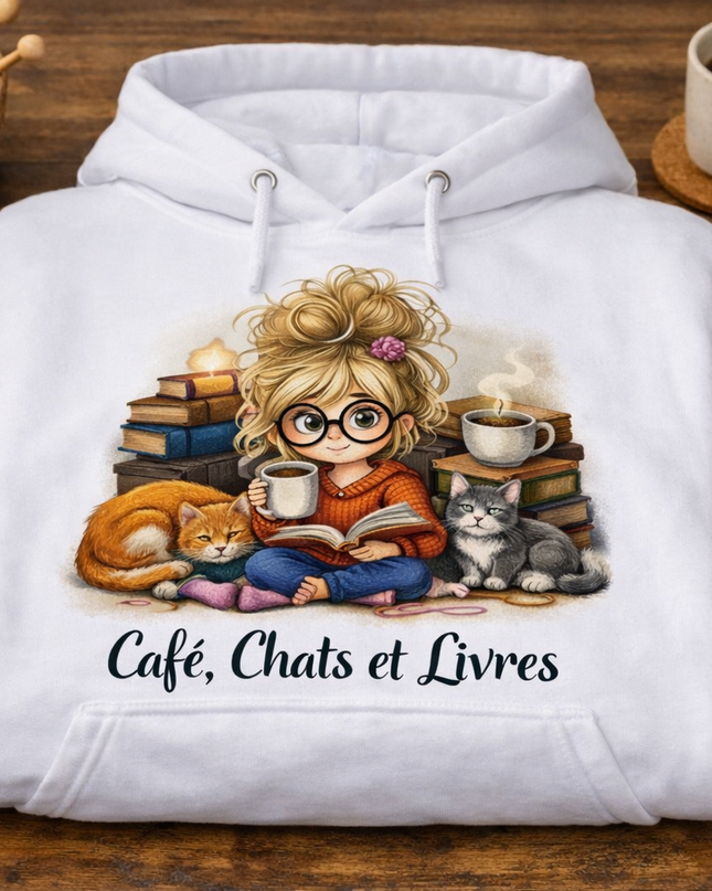 Hoodie Café, Chats et Livres - L'atelier 9¾