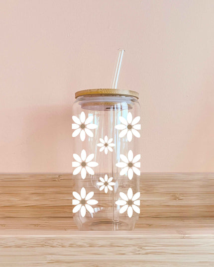Verre boho avec paille 16oz – Fleurs de lune – Fait main au Québec