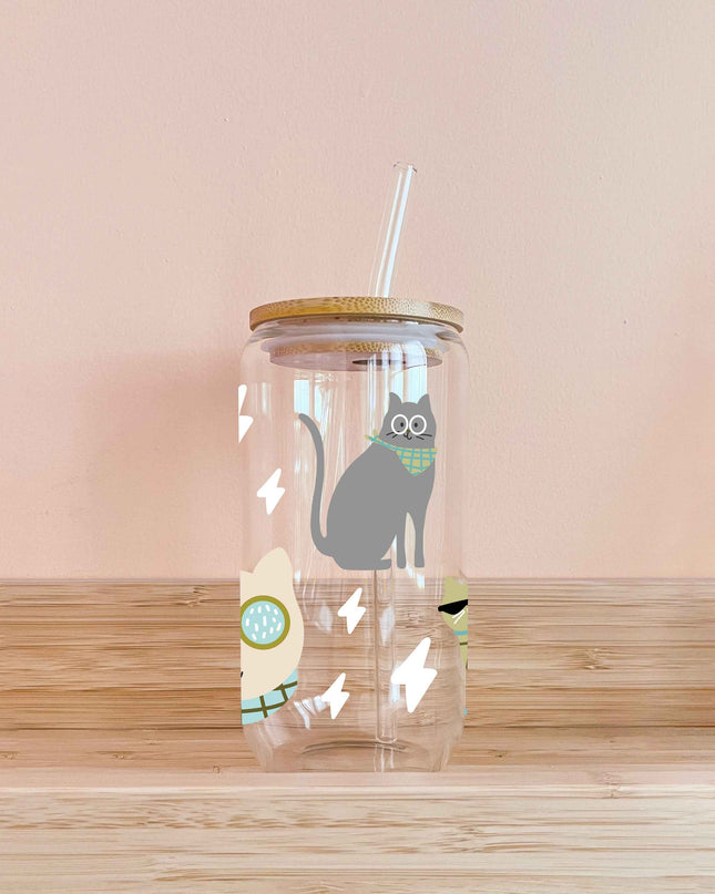 Verre boho avec paille 16oz – Chats sauge – Fait main au Québec