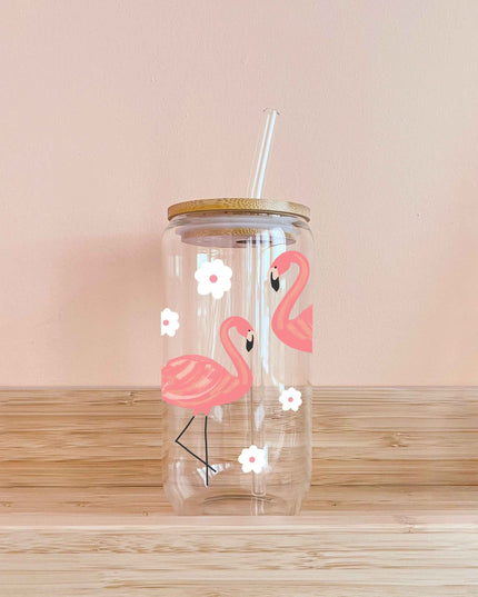Verre boho avec paille 16oz – Flamant rose – Fait main au Québec