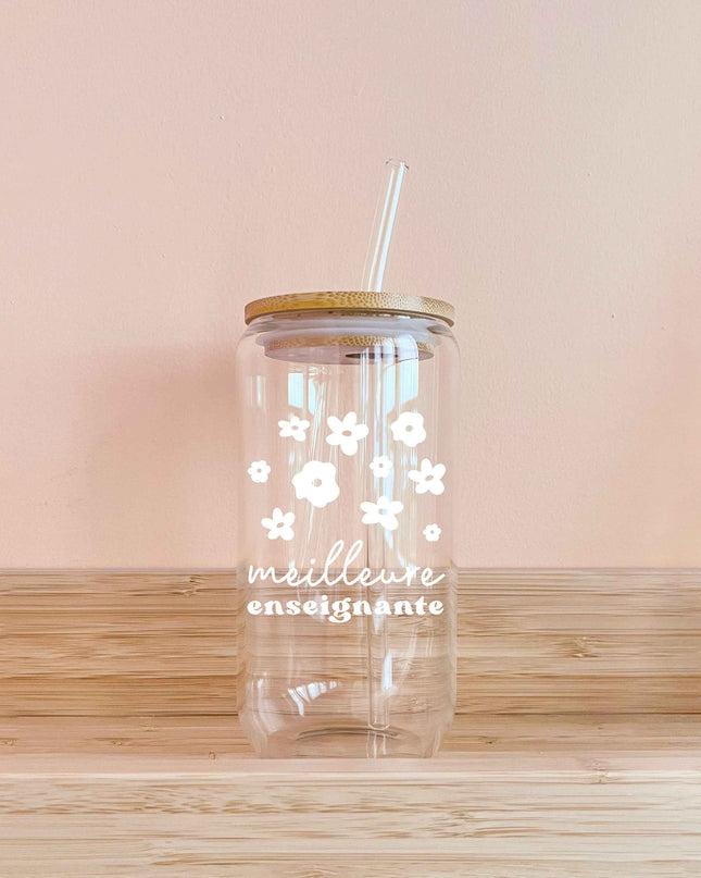Verre - meilleure enseignante fleurs blanches